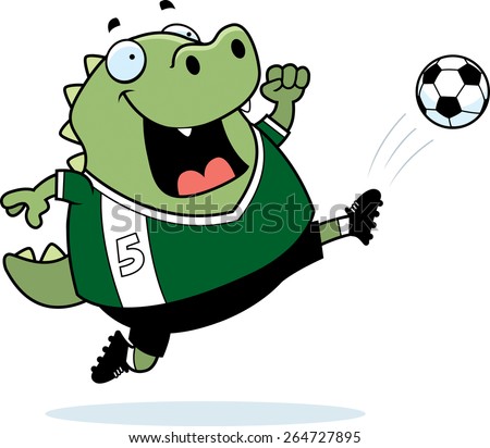 A cartoon illustration of a lizard kicking a soccer ball.