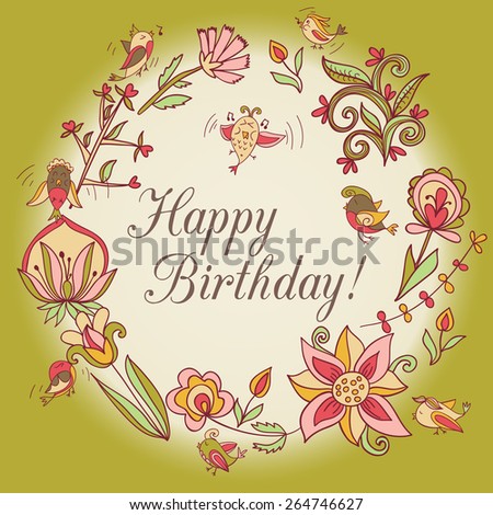 happy birthday greeting card. circle floral frame with cute cartoon bird and flower