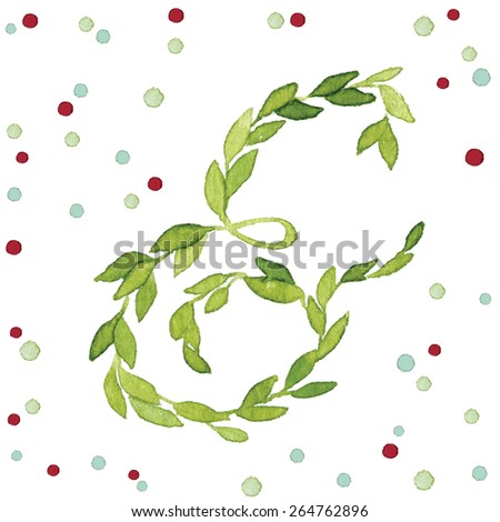 Cute and lovely ampersand made of green leaves and branches on colorful dots background, hand-drawn with watercolor. Perfect for weddings and invitations. Vectorized watercolor painting.