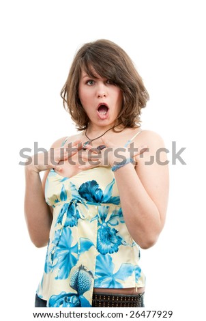 Young surprised woman isolated over white background