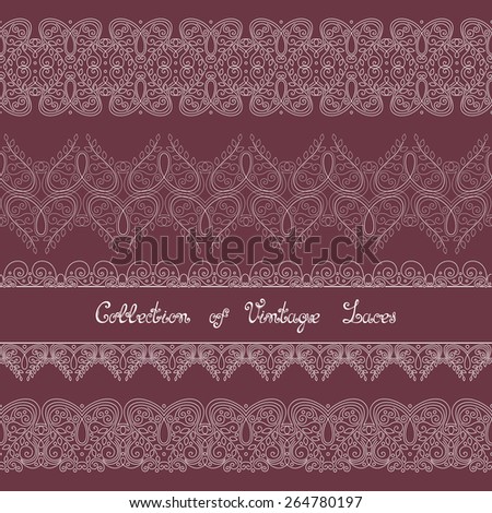 Vector Set of Vintage Template with Ornate Laces. Hand Drawn Borders in Trendy Linear Style. Wedding Decor