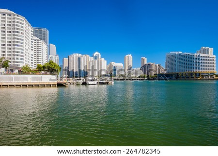 Cityscape view of the Brickell area in downtown Miami along Biscayne Bay.
