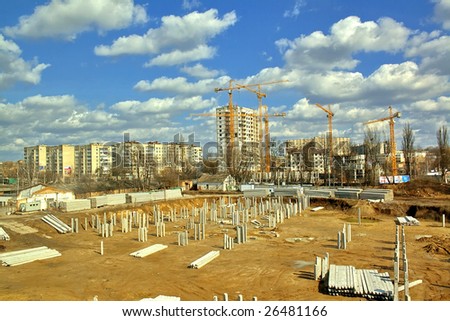 Building area, foundation and cranes. HDRi Image Royalty-Free Stock Photo #26481166