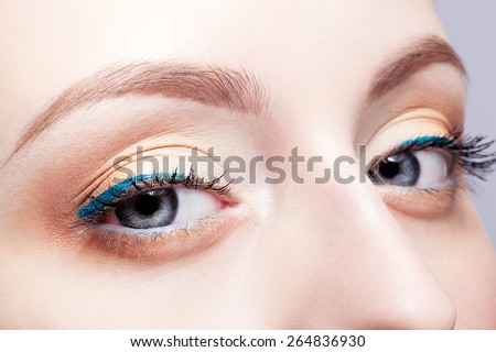 Closeup shot of woman eyes with day makeup Royalty-Free Stock Photo #264836930