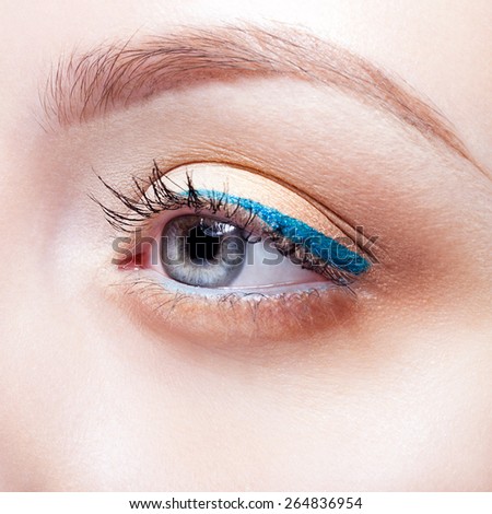 Closeup shot of woman eye with day makeup and blue arrow Royalty-Free Stock Photo #264836954