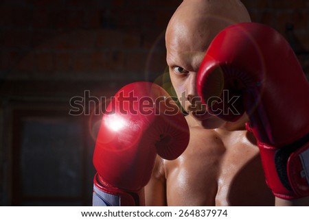 Portrait of a boxer in red gloves with glare
