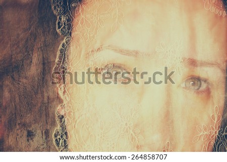 double exposure image of young girl  and vintage lace background