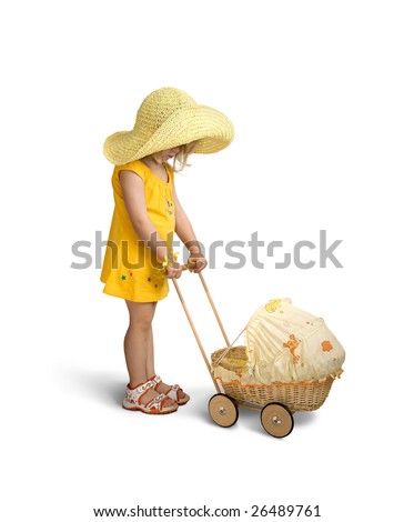 A little girl with doll carriage isolated on a white