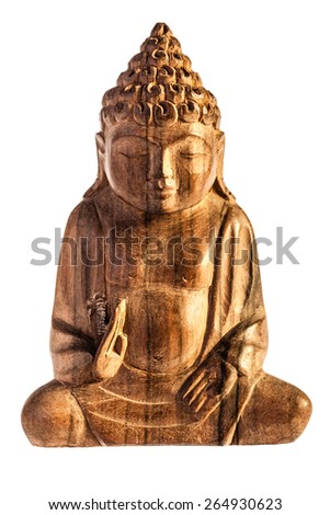 an indonesian wooden buddha isolated over a white background