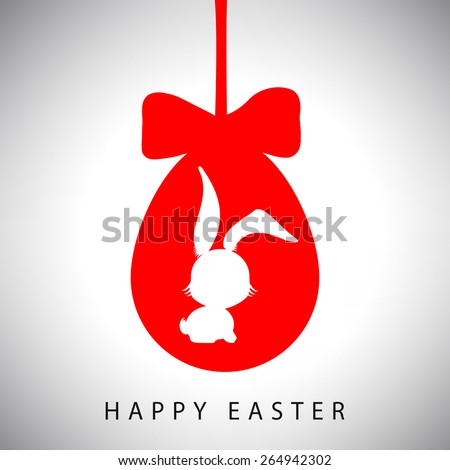 Vector illustration card of Hanging easter red egg with bow and silhouette of rabbit