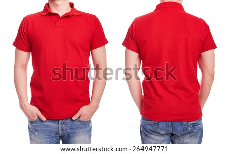 Young man with red polo shirt on a white background  Royalty-Free Stock Photo #264947771