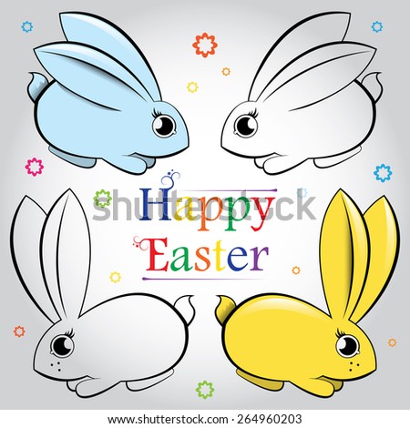 Happy Easter. Vector set of rabbits. Contour and painted