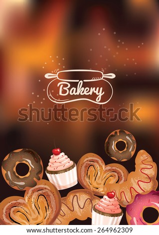 Bakery cafe menu concept. Idea of Identity of restaurant with close up vector delicious and hand drawn logo with rolling pin stretching the dough on blurred background. 