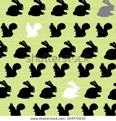 Graphic pattern with black squirrel and rabbit
