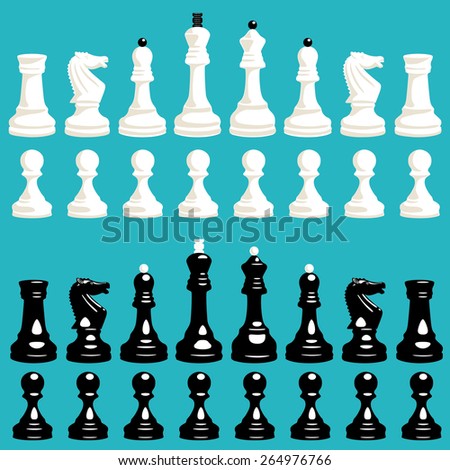 vector set of white and black chess pieces with pawns, knights, bishops, rooks, queens and kings