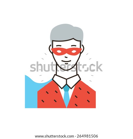 Thin line icon with flat design element of businessman superhero, super man in mask, confident business leader, superman hero clothing. Modern style logo vector illustration concept.