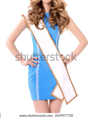 Young attractive girl in mini skirt wearing beauty contest sash.No Face, blank space for text. Royalty-Free Stock Photo #264997718