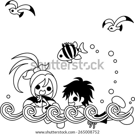 A boy and girl who enjoy sea bathing.