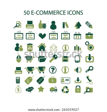 50 e-commerce, retail, sales icons, signs, illustrations set, vector
