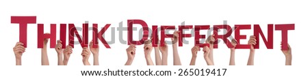 Many Caucasian People And Hands Holding Red Straight Letters Or Characters Building The Isolated English Word Think Different On White Background