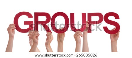 Many Caucasian People And Hands Holding Red Straight Letters Or Characters Building The Isolated English Word Groups On White Background