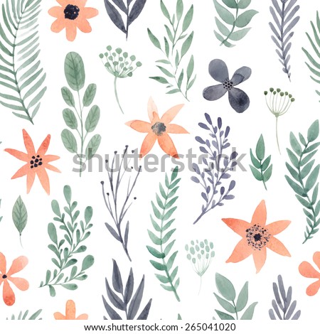 Floral watercolor seamless pattern. Beautiful vector hand drawn texture. Romantic background for web pages, wedding invitations, save the date cards. Watercolor vector. Royalty-Free Stock Photo #265041020