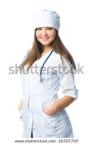 portrait of a beautiful young doctor wearing white uniform with a stethoscope