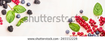 Fresh summer berries, corner frames on white wooden background, top view, banner for website