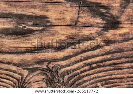 Photograph of old, roughly treated, weathered, cracked, rotten, knotted Pine plank grunge texture.