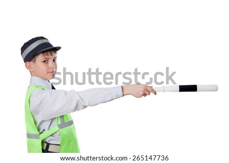 The boy plays policeman, isolated on white background