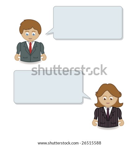 business man and woman with speech bubbles ready for text