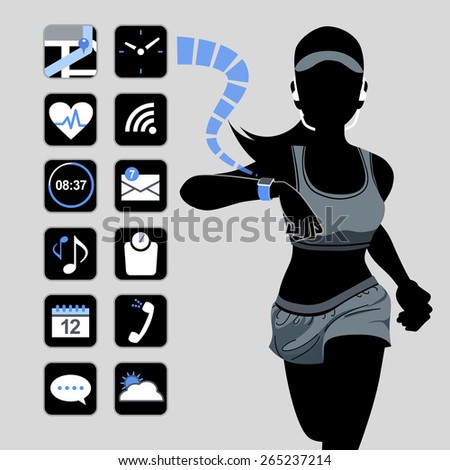 Fitness woman looking at smart watch touchscreen and app icons.