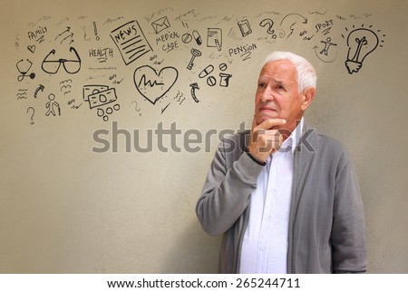 photo of senior man looking concerned about medical and health issues with set of infographics