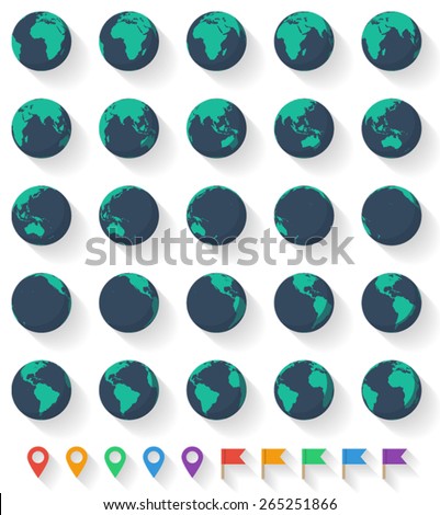 Vector Earth Set. Twenty five Earth globes from different angles and ten pointer icons. Easily edited with good file structure.