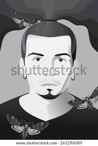 Black and White Portrait of Male with Death's-head Hawk moth