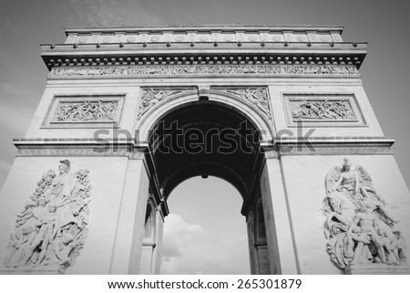 Triumphal Arch in Paris, France. Black and white toned photo.