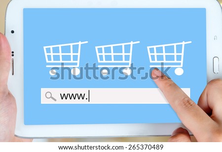 On line shopping on tablet screen, business, E-commerce,  technology and digital marketing background