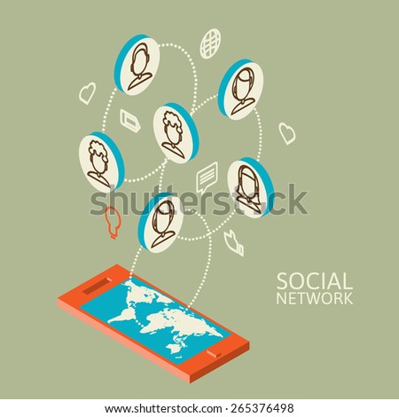 Conceptual image with social networks. Flat  isometric, vector illustration