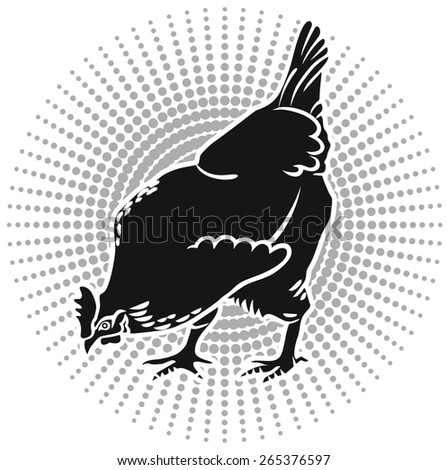 Chicken. Hen. Vector. Black silhouette. Gray background. Circle.
Series of livestock vector images.