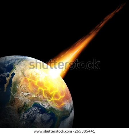 Big asteroid crashing on the surface of an Earth planet. Elements of this image furnished by NASA. Royalty-Free Stock Photo #265385441