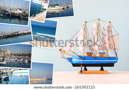 collage with yachts, boats, lighthouse and a coast. Nautical concept

