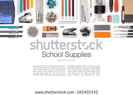 school supplies on white background top view Royalty-Free Stock Photo #265432142