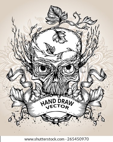 Hand draw tattoo. Scull with trees and leaves and wing and crown. 