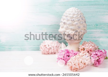 Background with fresh pink  hyacinths and decorative terracotta cone in ray of light on turquoise wooden planks. Selective focus. Place for text. 
