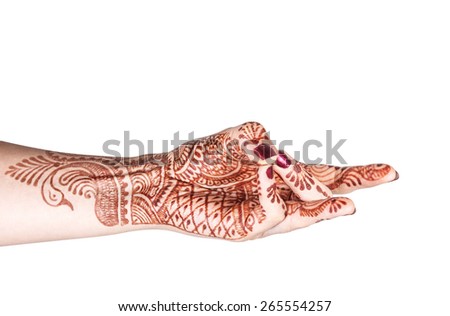 Woman hand with henna doing Back mudra isolated on white background with clipping path 