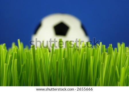 Close-up of green grass with soccer ball in the background