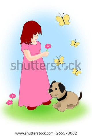 A little girl picking flowers in a meadow, a little dog and some blue butterflies.
