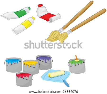 an illustration of some paint brushes and paint on a white