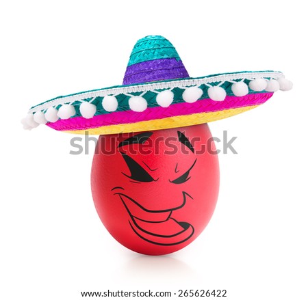 Red evil egg with emotional face in sombrero
