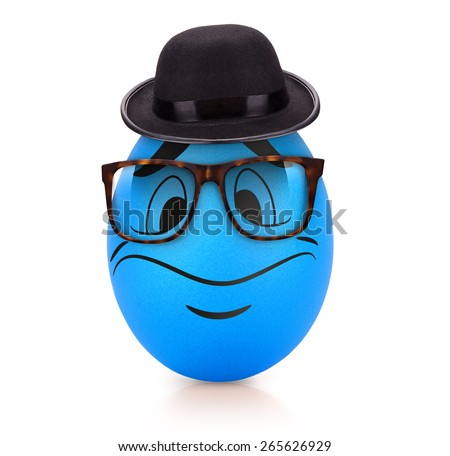 Blue cute egg with emotional face in hat and glasses